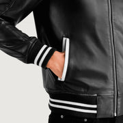 Pascal 黑色 Leather Varsity 真皮夹克 男士 - Lateral Side Profile View Showing Sleeve Cut &amp; Athletic Taper Fit