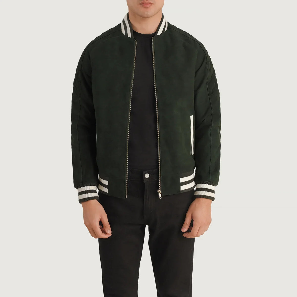 Pascal Green Suede Varsity 真皮夹克 男士 in Green Goatskin Suede - Front Profile View &amp; Tailored Silhouette | Buy Online