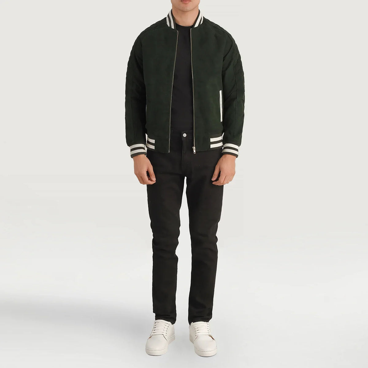 Pascal Green Suede Varsity 真皮夹克 男士 - Lateral Side Profile View Showing Sleeve Cut &amp; Athletic Taper Fit