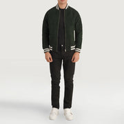 Pascal Green Suede Varsity 真皮夹克 男士 - Lateral Side Profile View Showing Sleeve Cut &amp; Athletic Taper Fit