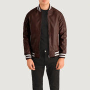 Pascal Maroon Leather Varsity 真皮夹克 男士 in Maroon Sheepskin Leather - Front Profile View &amp; Tailored Silhouette | Buy Online