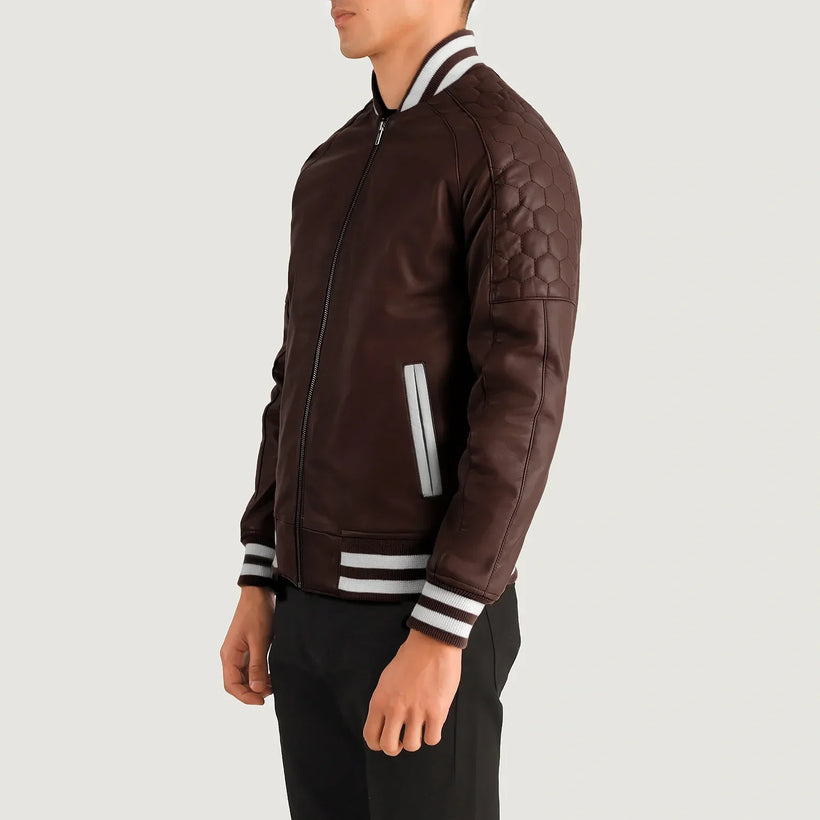 Pascal 栗褐色 Leather Varsity 真皮夹克 男士