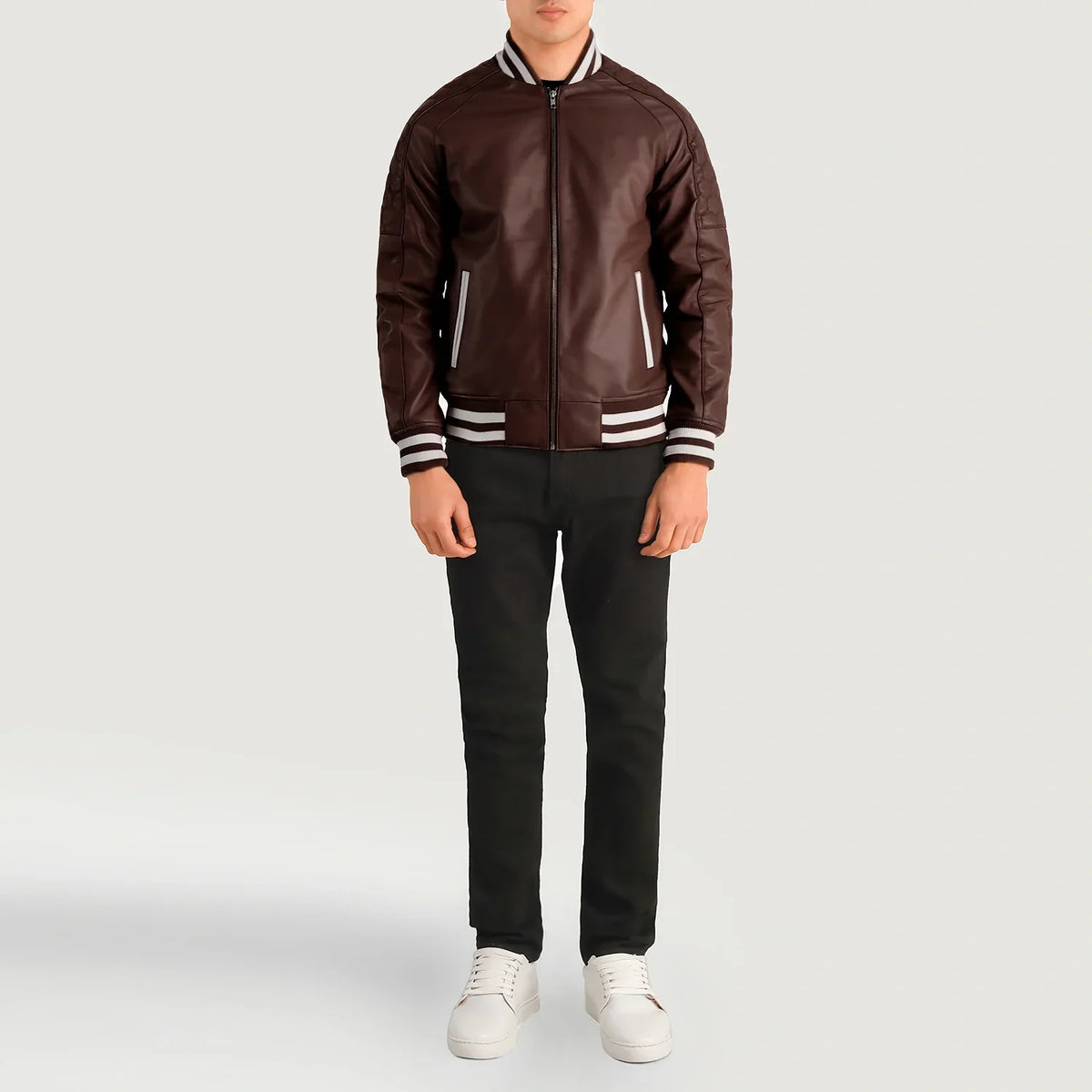 Pascal Maroon Leather Varsity 真皮夹克 男士 - Lateral Side Profile View Showing Sleeve Cut &amp; Athletic Taper Fit