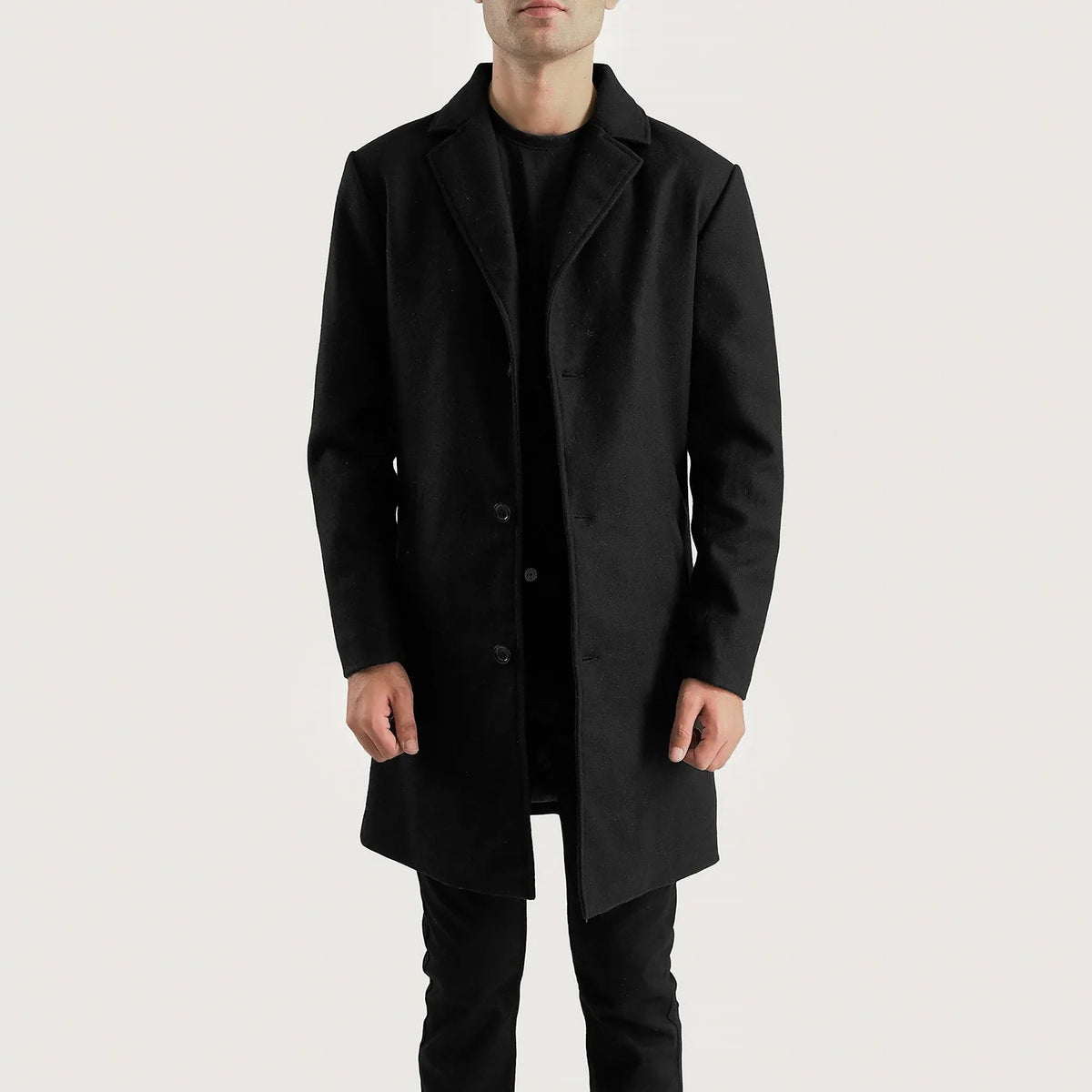 Petrillo 黑色 Wool Single Breasted 真皮大衣 男士 in Black Synthetic Wool - Front Profile View &amp; Tailored Silhouette | Buy Online