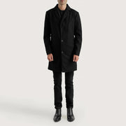 Petrillo 黑色 Wool Single Breasted 真皮大衣 男士 - Lateral Side Profile View Showing Sleeve Cut &amp; Athletic Taper Fit
