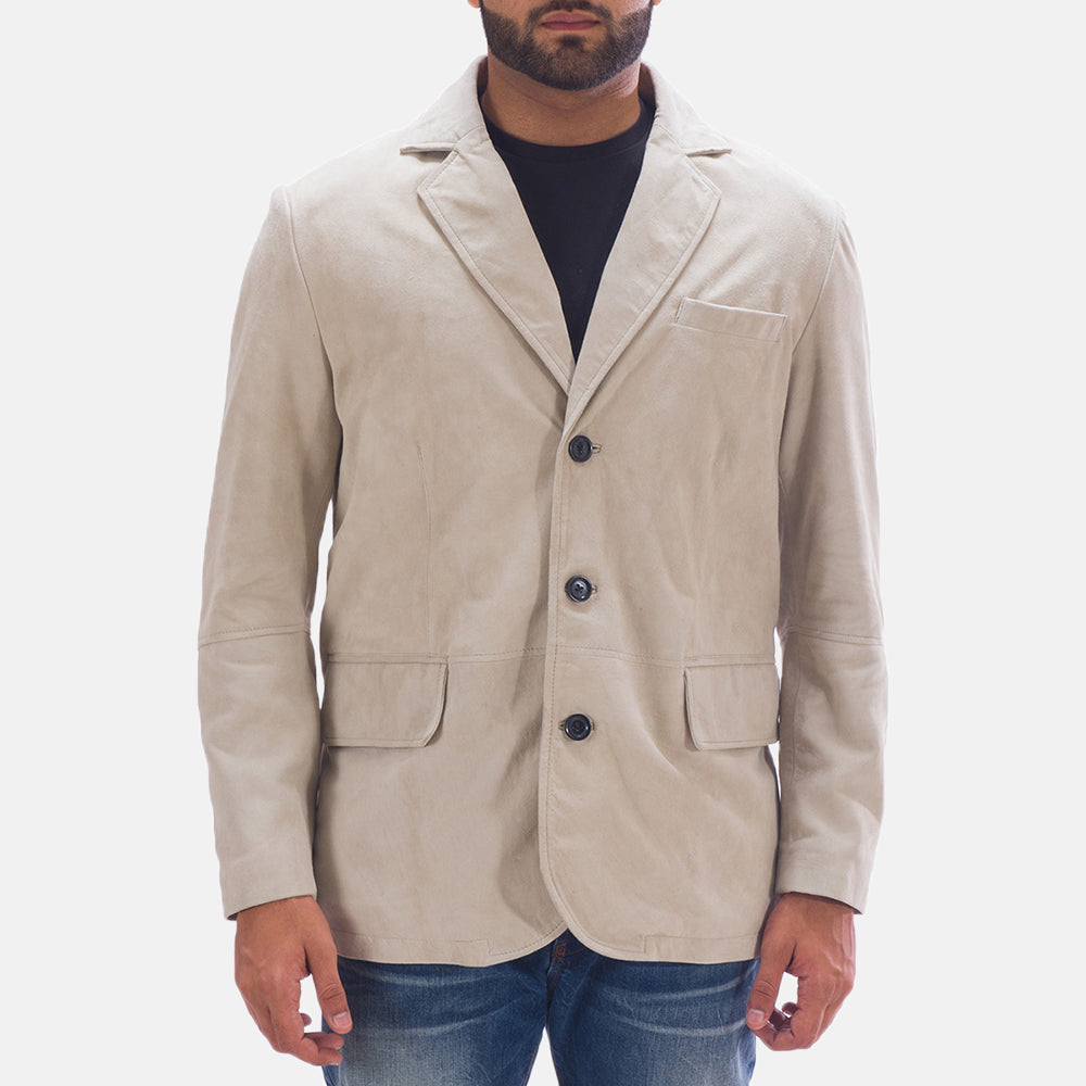 Men's Professor By Day Suede 真皮西装外套 男士 in Off White (Greyish) Goatskin Suede - Front Profile View &amp; Tailored Silhouette | Buy Online