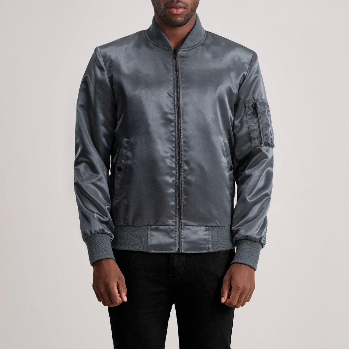 Quinton MA-1 Grey 真皮飞行员夹克 男士 in Grey Satin - Front Profile View &amp; Tailored Silhouette | Buy Online
