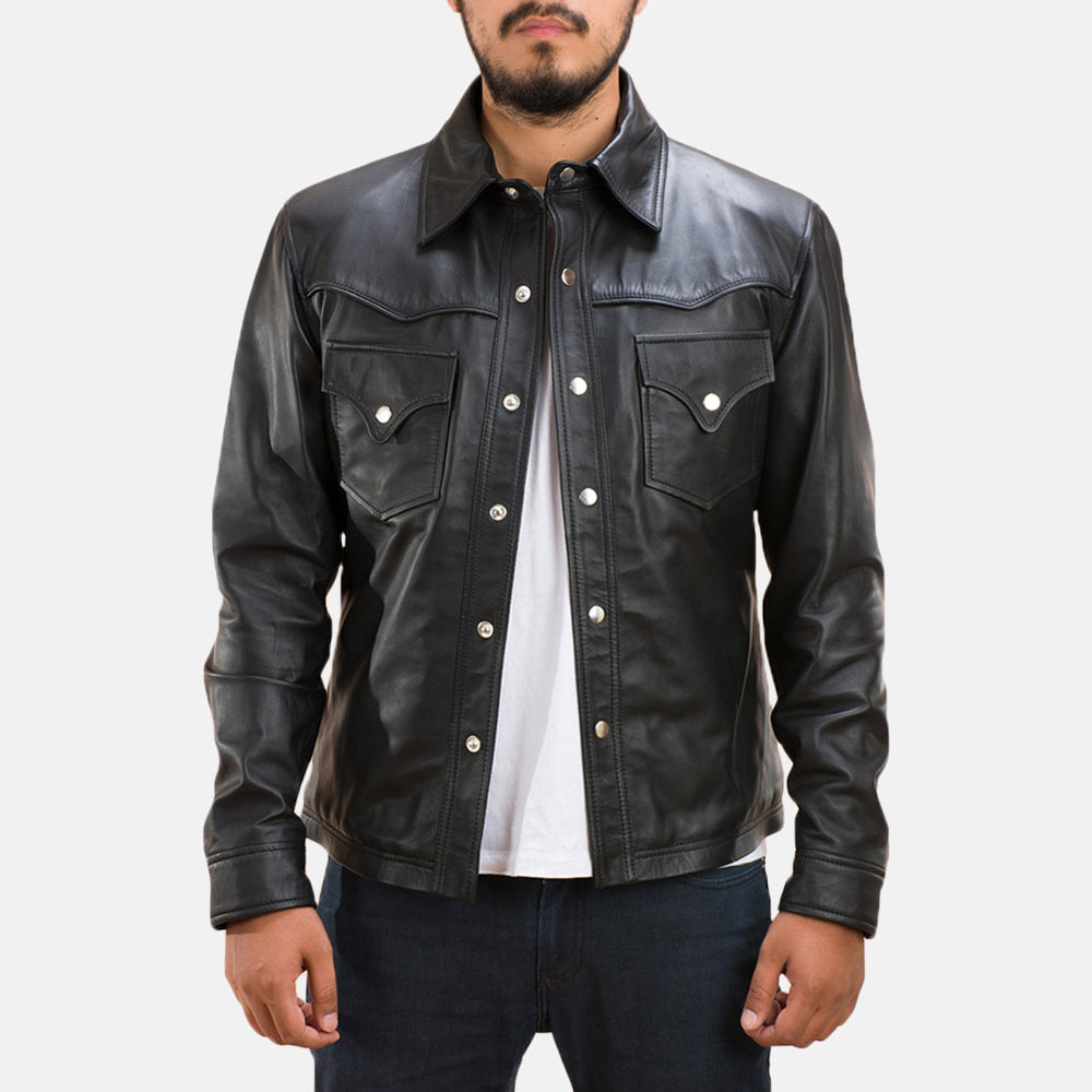 
Ranchson 经典黑 Leather Shirt 男士 in Black Sheepskin Leather - 正面版型与定制立体剪裁轮廓 | 官方商城选购