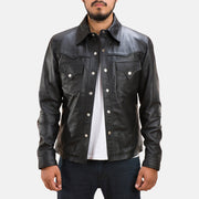 
Ranchson 经典黑 Leather Shirt 男士 in Black Sheepskin Leather - 正面版型与定制立体剪裁轮廓 | 官方商城选购