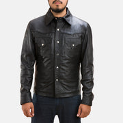 
Black Sheepskin leather Jacket - 展现肩线贴合与利落下摆的背部视角