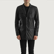 Close-Up Detail of Band & Button Hardware on Ray Cutler Black Leather Blazer