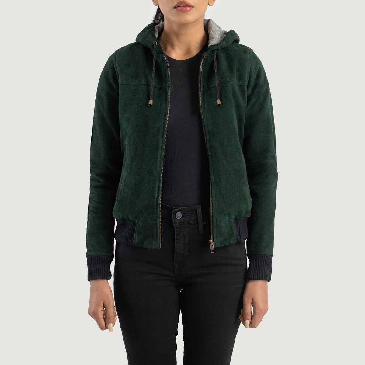 
Rebella Green Hooded Suede Bomber Jacket in Green Goatskin Suede - 正面版型与定制立体剪裁轮廓 | 官方商城选购