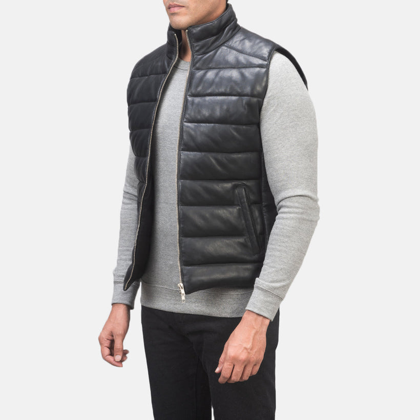 Reeves 黑色 Leather Puffer Vest 男士