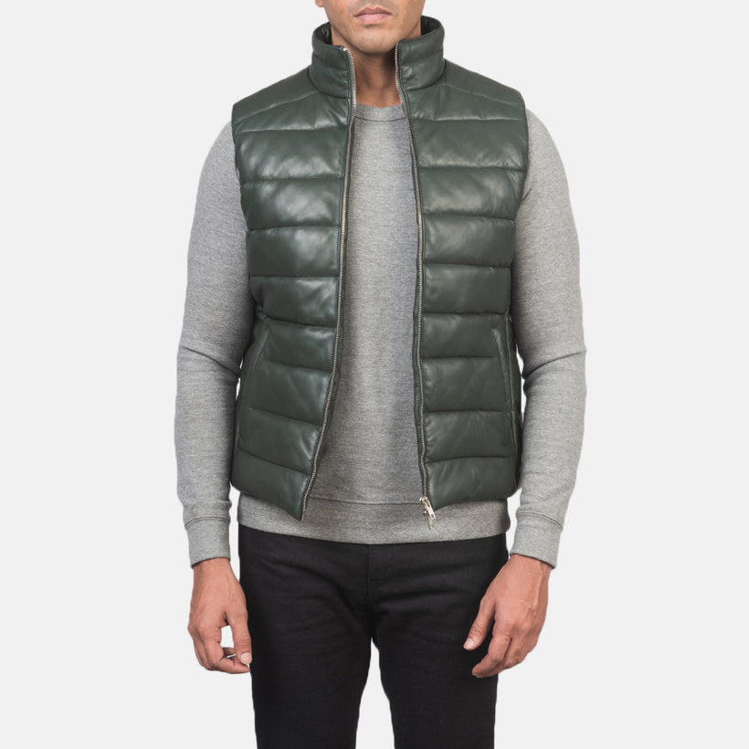 Reeves Green Leather Puffer Vest 男士