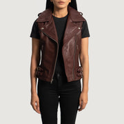 
Maroon Sheepskin Leather Biker Jacket - 展现肩线贴合与利落下摆的背部视角