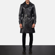 Close-Up Detail of Shirt &amp; Heavy-Duty Zipper Hardware on Men's Royson 黑色 Leather Duster 真皮大衣 男士