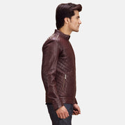 
Maroon Sheepskin Leather Biker Jacket - 展现肩线贴合与利落下摆的背部视角