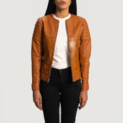 Women's Sandy 浅褐色 Dye 真皮机车夹克 女士 - Lateral Side Profile View Showing Sleeve Cut &amp; Athletic Taper Fit