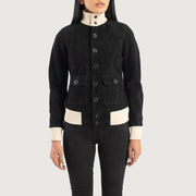 
细节特写 of Knit Rib & Buttons Hardware on Sasha A1 Black Suede Bomber Jacket