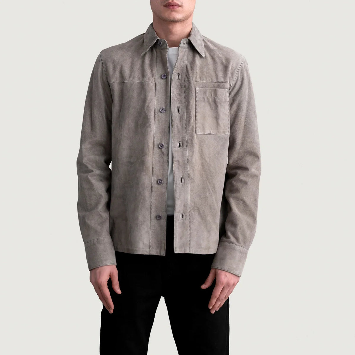 
Scout Grey Suede Leather Shirt 男士 男士 in Grey Goatskin Suede - 正面版型与定制立体剪裁轮廓 | 官方商城选购