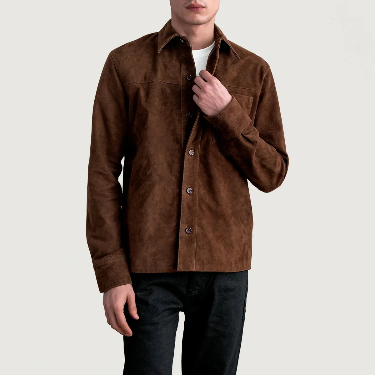 
Scout Mocha Suede Leather Shirt 男士 男士 in Brown Goatskin Suede - 正面版型与定制立体剪裁轮廓 | 官方商城选购