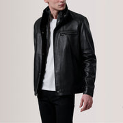 Sean 黑色 Leather Classic 真皮夹克 男士 For Men in Black Sheepskin Leather - Front Profile View &amp; Tailored Silhouette | Buy Online