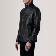 Sean 黑色 Leather Classic 真皮夹克 男士 For Men - Lateral Side Profile View Showing Sleeve Cut &amp; Athletic Taper Fit