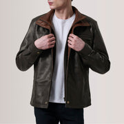 Sean 棕色 Leather Classic 真皮夹克 男士 For Men in Brown Sheepskin Leather - Front Profile View &amp; Tailored Silhouette | Buy Online