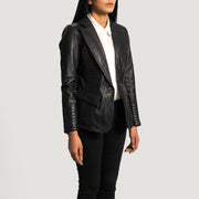 
Black Sheepskin leather Blazer - 展现肩线贴合与利落下摆的背部视角