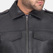 
Black Calfskin leather Jacket - 展现肩线贴合与利落下摆的背部视角