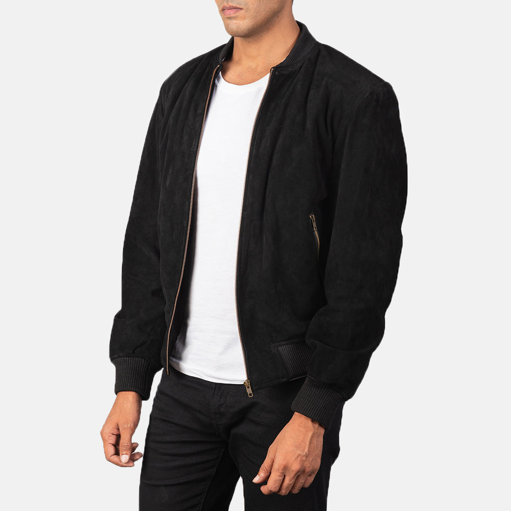 
Black Goatskin Suede Bomber Jacket - 展现肩线贴合与利落下摆的背部视角