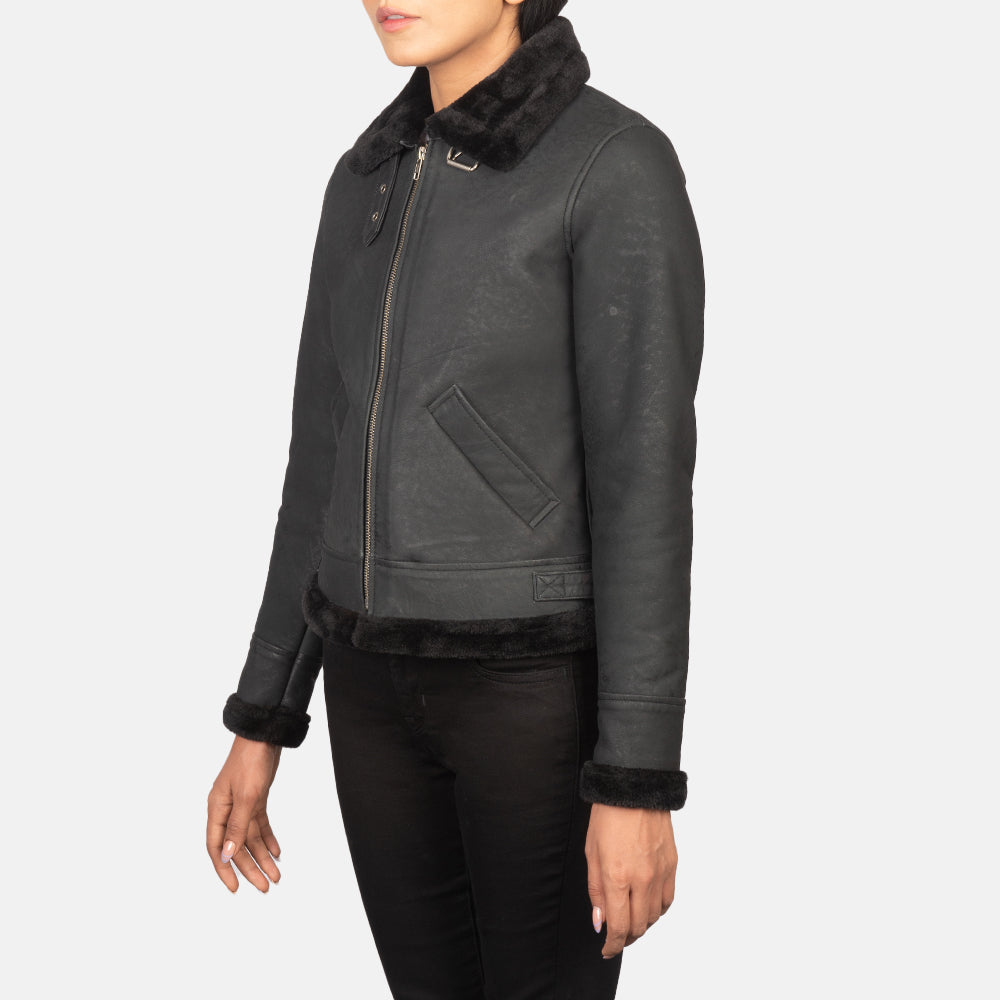 
Distressed Black Sheepskin Snuffed Bomber Jacket - 展现肩线贴合与利落下摆的背部视角