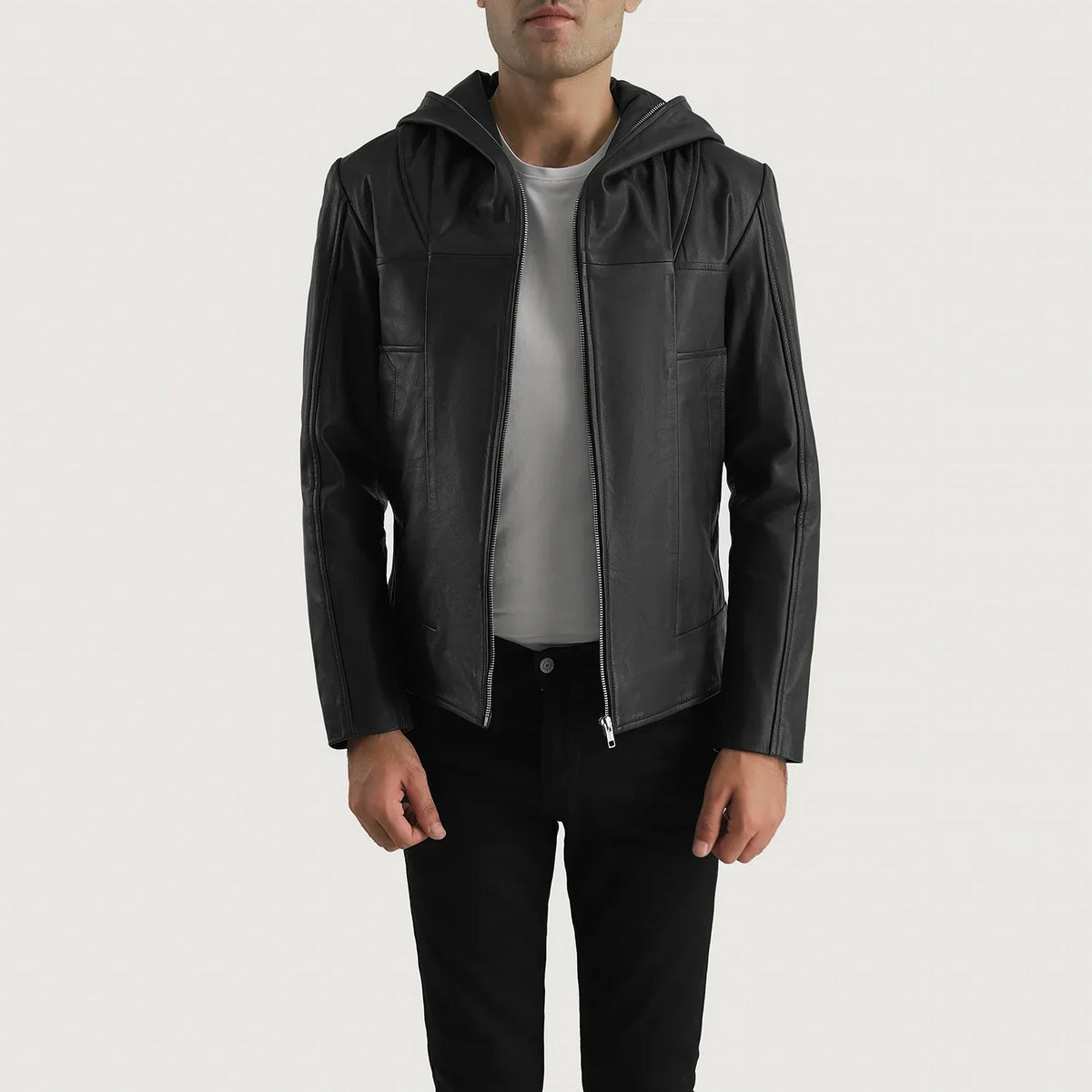Men's Spratt 黑色 Hooded 真皮夹克 男士 in Black Goatskin Leather - Front Profile View &amp; Tailored Silhouette | Buy Online
