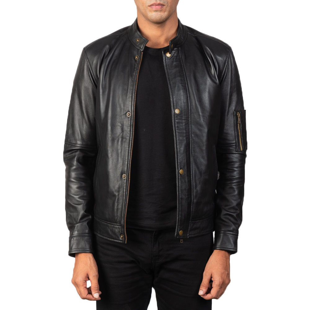 Men's Tea House 黑色 真皮机车夹克 男士 in Black Sheepskin Leather - Front Profile View &amp; Tailored Silhouette | Buy Online