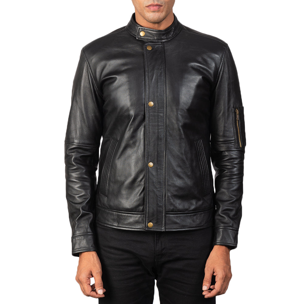 Men's Tea House 黑色 真皮机车夹克 男士 - Lateral Side Profile View Showing Sleeve Cut &amp; Athletic Taper Fit