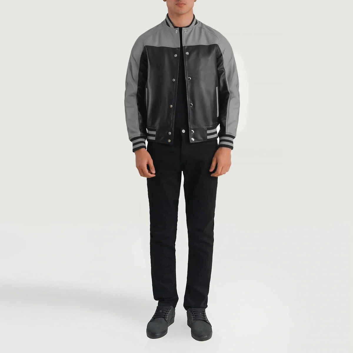 Terrance Black &amp; Red Leather Varsity Jacket - 展示利落袖形与运动流线轮廓的侧身轮廓