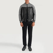 Terrance Black &amp; Red Leather Varsity Jacket - 展示利落袖形与运动流线轮廓的侧身轮廓