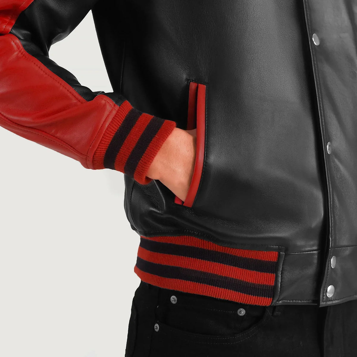 Terrance 黑色 Varsity 真皮夹克 男士 – 多角度商品细节 6