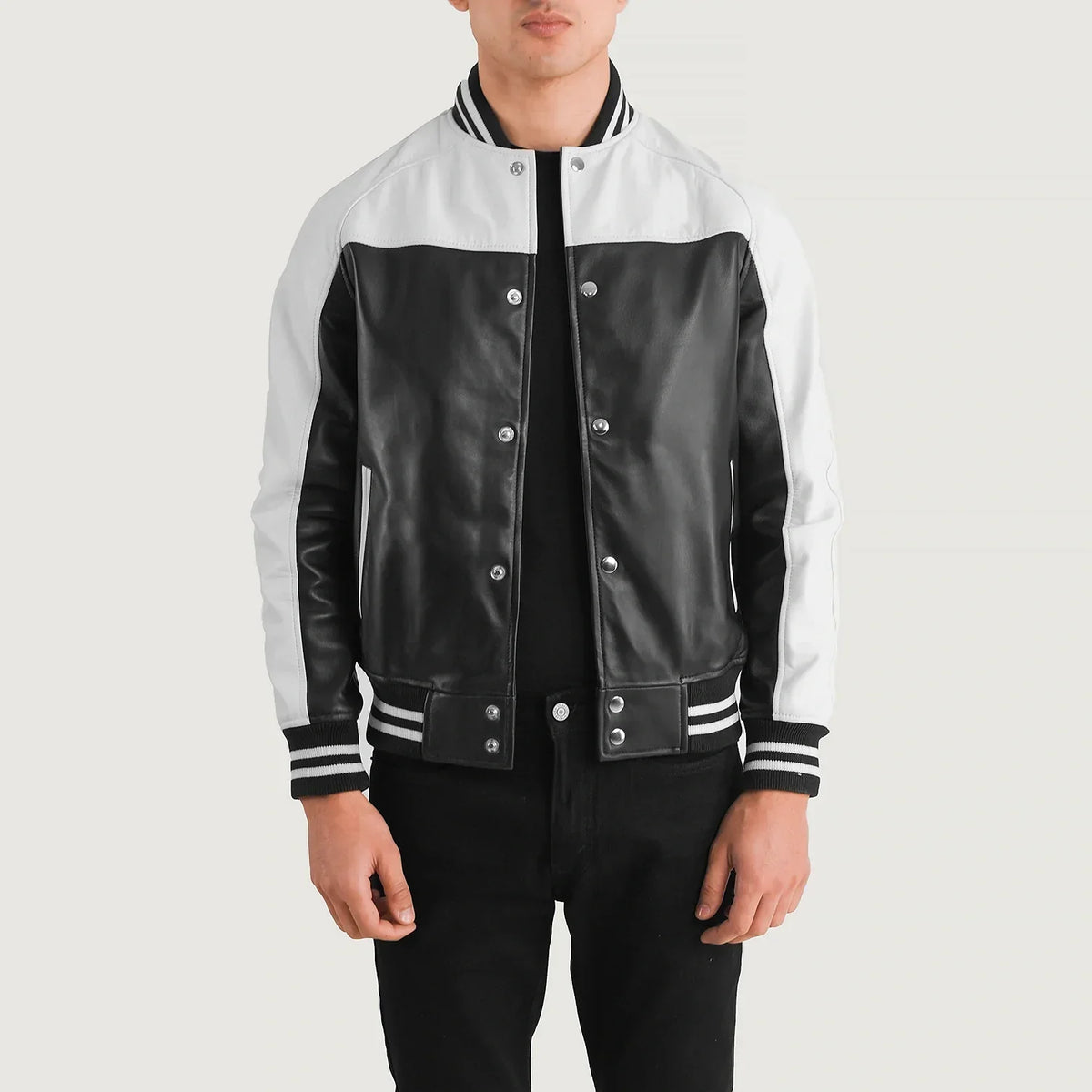 Terrance 黑色 Varsity 真皮夹克 男士 – 多角度商品细节 1