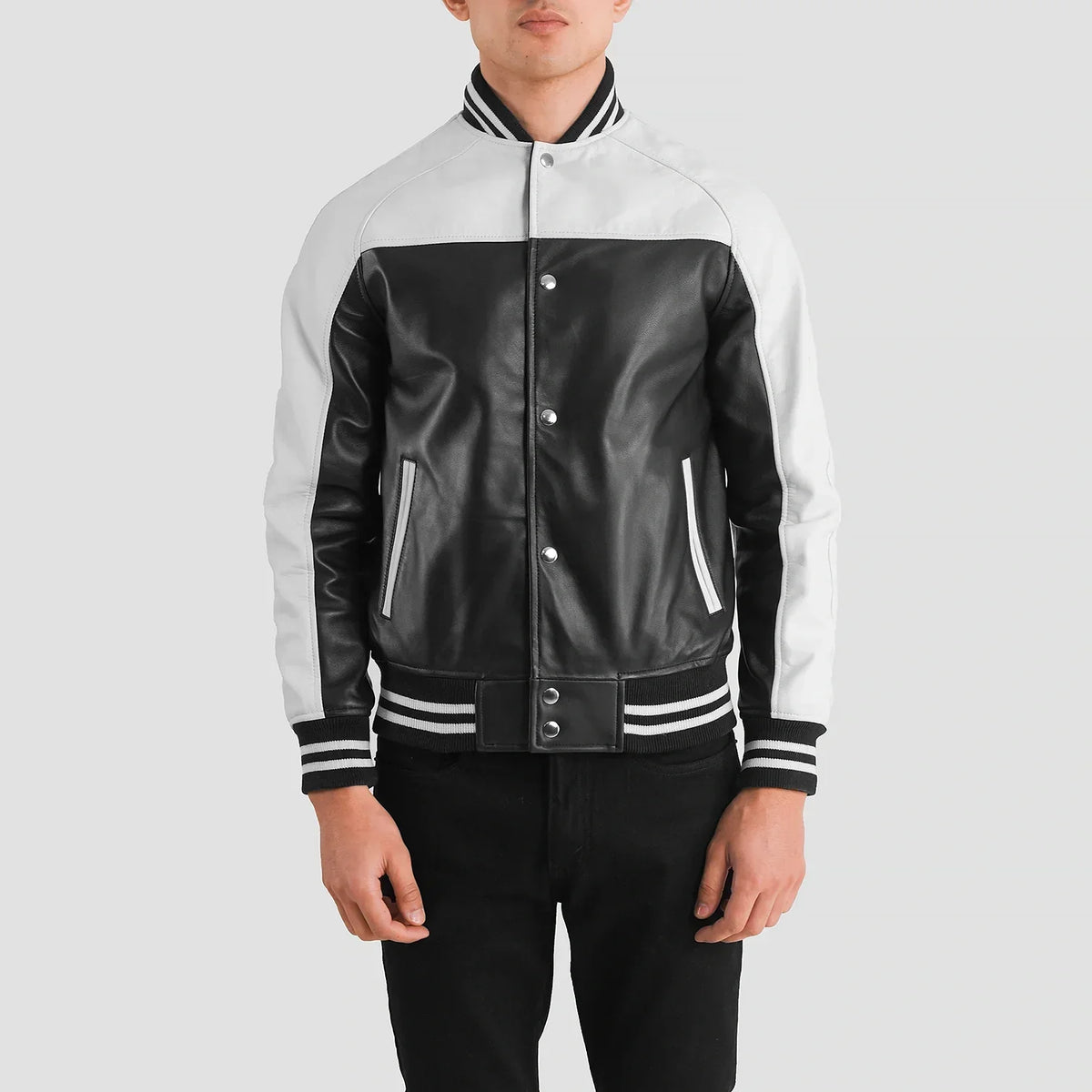 Terrance 黑色 Varsity 真皮夹克 男士 – 多角度商品细节 4