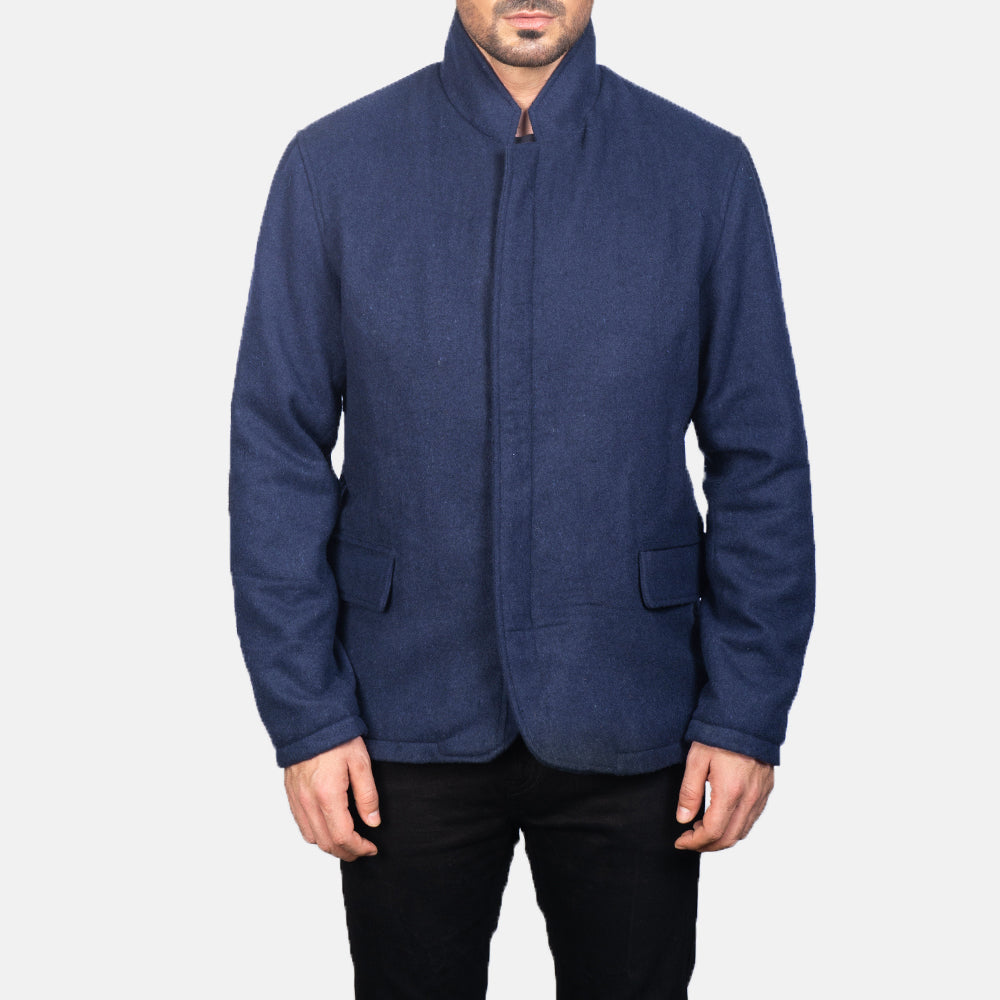 Close-Up Detail of Nehru &amp; Zipper with Dual Puller Hardware on Men's Thomas Blue Wool 真皮夹克 男士