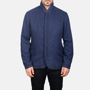 Close-Up Detail of Nehru &amp; Zipper with Dual Puller Hardware on Men's Thomas Blue Wool 真皮夹克 男士