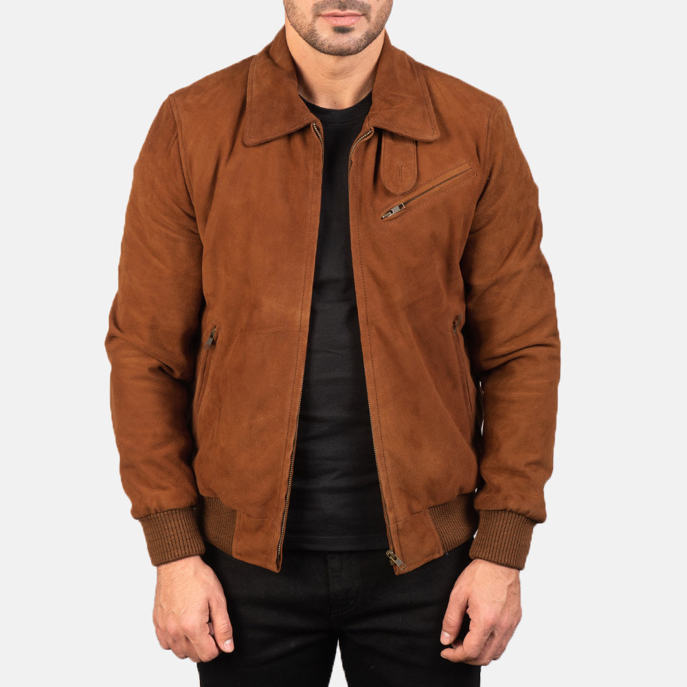 Men's Tomchi 浅褐色 Suede 真皮夹克 男士 in Brown Goatskin Suede - Front Profile View &amp; Tailored Silhouette | Buy Online