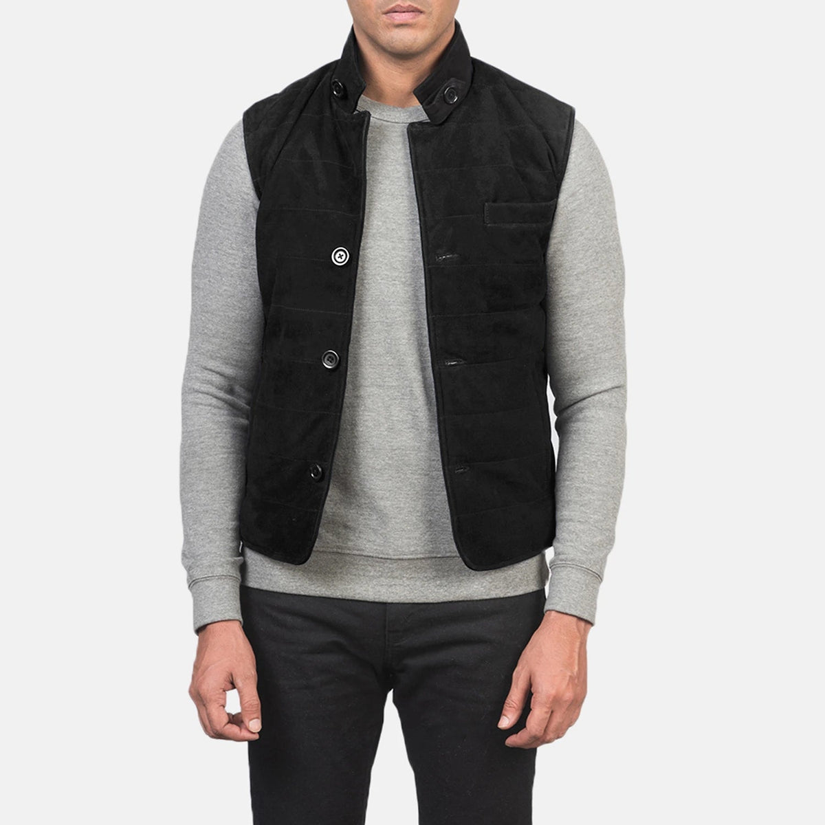 
Tony 经典黑 Suede Vest 男士 in Black Goatskin Suede - 正面版型与定制立体剪裁轮廓 | 官方商城选购