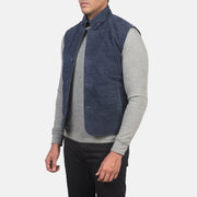 Blue Goatskin Suede Leather Vest - 展示肩部贴合剪裁与利落下摆的背面细节