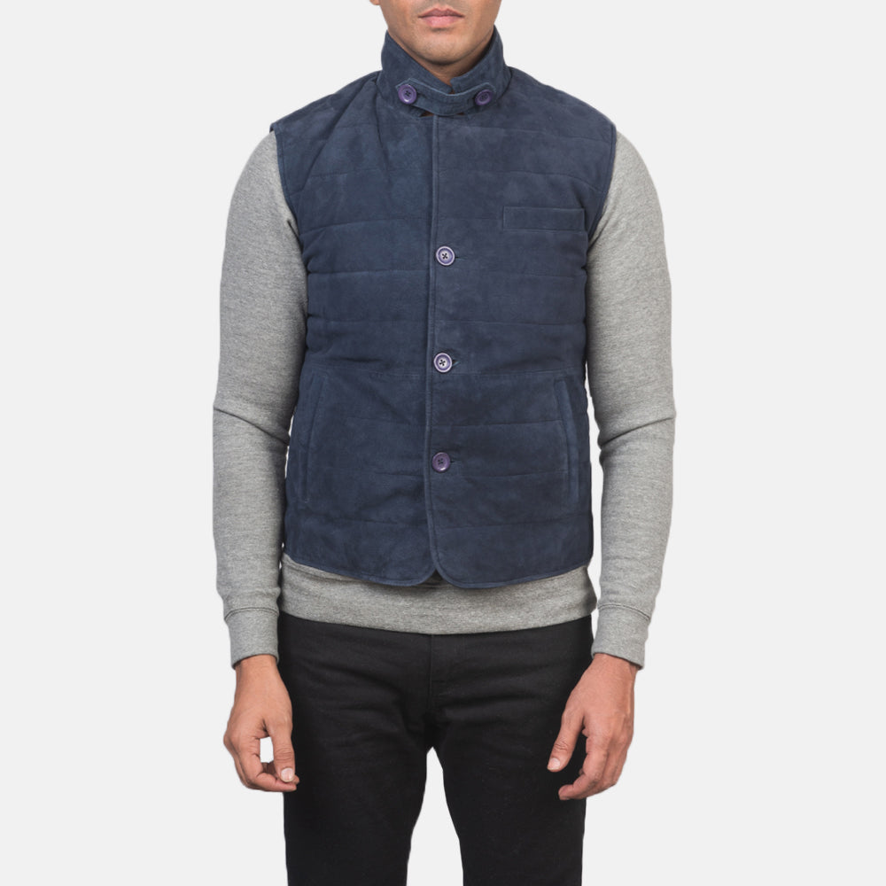 特写细节 of Notch with removable throat latch &amp; Button Hardware on Tony Blue Suede Vest 男士