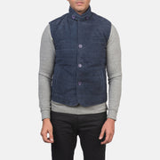 特写细节 of Notch with removable throat latch &amp; Button Hardware on Tony Blue Suede Vest 男士