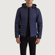 Tyler Blue Hooded Puffer 真皮夹克 男士 in Blue Full-Grain Leather - Front Profile View &amp; Tailored Silhouette | Buy Online