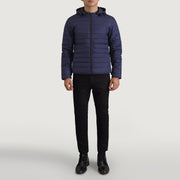 Tyler Blue Hooded Puffer 真皮夹克 男士 - Lateral Side Profile View Showing Sleeve Cut &amp; Athletic Taper Fit