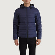 Close-Up Detail of Classic Collar &amp; Zipper Hardware on Tyler Blue Hooded Puffer 真皮夹克 男士